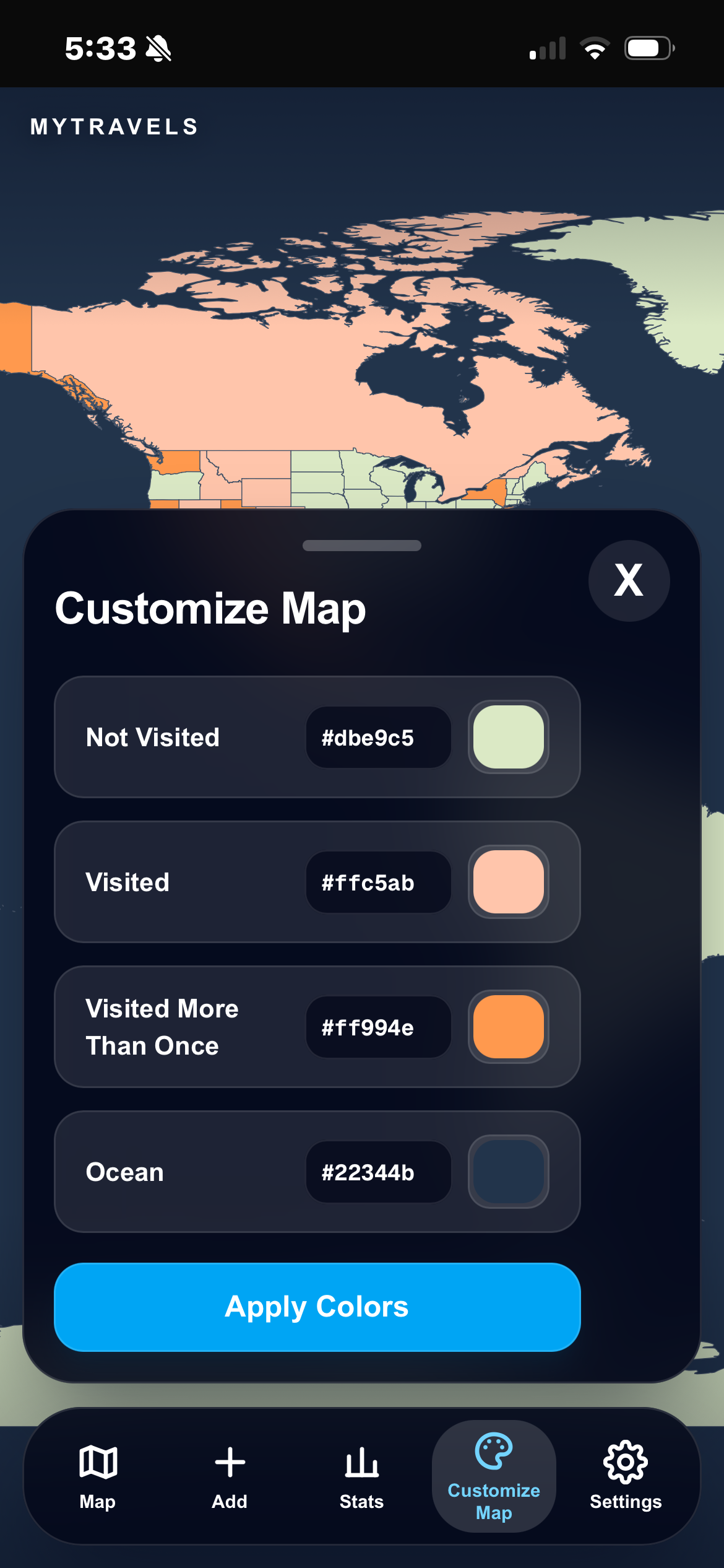 Customize Map screen in MYTRAVELS