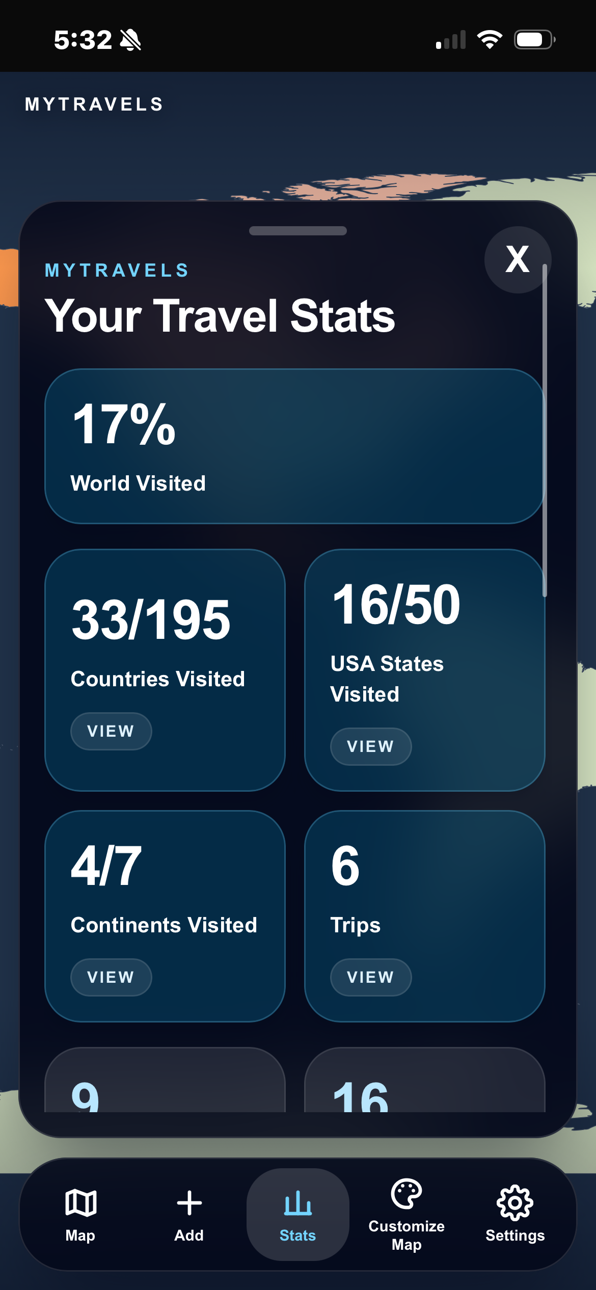 Travel Stats screen in MYTRAVELS